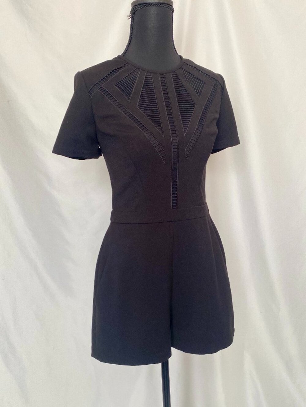 BCBGMAXAZRIA Black Romper with Mesh Cutout Detail - Size 4